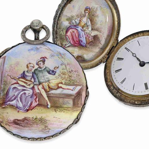 Null Pocket watch: unusually large enamel verge watch with 4 enamel paintings, p&hellip;