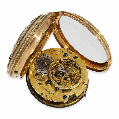Null Taschenuhr: seltene deutsche 4-Farben-Louis-XV-Goldspießuhr mit Originalbox&hellip;