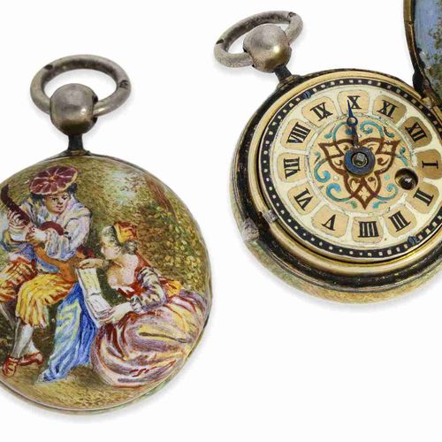 Null Orologio a ciondolo: orologio in miniatura in smalto con 4 dipinti, probabi&hellip;