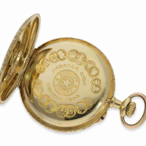 Null 怀表：极其罕见的18K金 "Roskopf专利 "作品，约1900年。

约。Ø50mm，约87克，18K金，华丽的雕刻狩猎表壳的手表，刻有Feder&hellip;