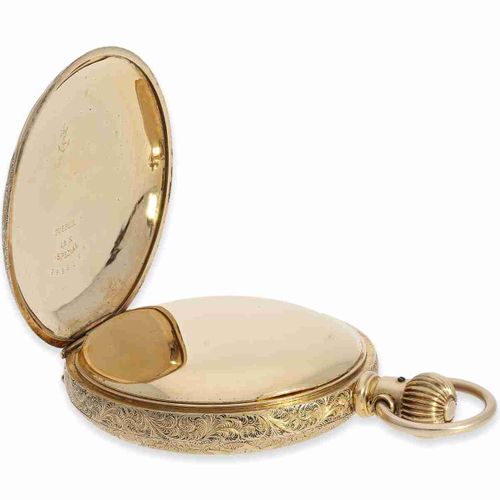 Null 怀表：特别重的金质美国新艺术派辉煌的狩猎表壳手表埃尔金-杜伯特别版，约1895年

约。直径54.5毫米，重约133克，特别重的实心14K金表壳，刻有&hellip;