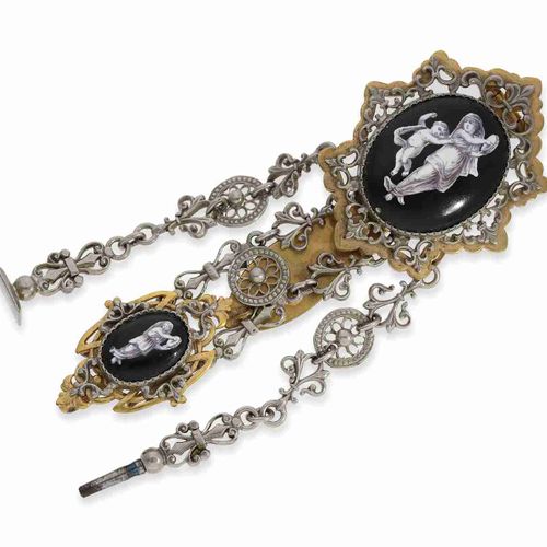 Null Chatelaine: rare and exceptional chatelaine with 2 enamel plaques with "En &hellip;