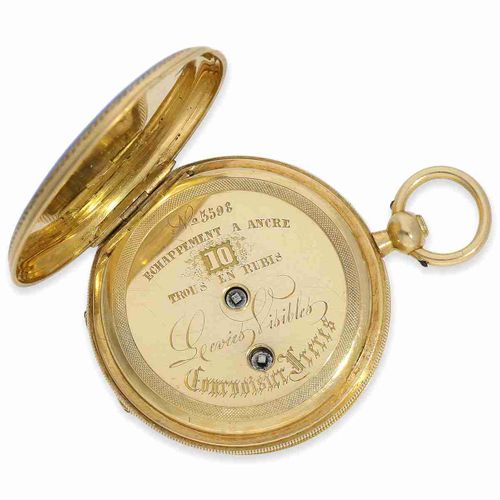 Null Montre de poche : très belle petite montre de chasse à boîtier en or et éma&hellip;