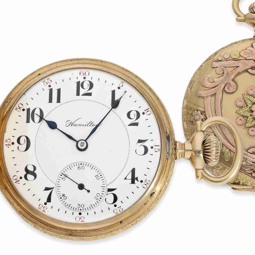 Null Pocket watch: American splendour hunting case watch, 3-colour gold case, to&hellip;