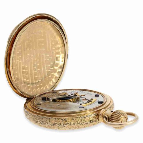 Null 怀表：特别重的金质美国新艺术派辉煌的狩猎表壳手表埃尔金-杜伯特别版，约1895年

约。直径54.5毫米，重约133克，特别重的实心14K金表壳，刻有&hellip;