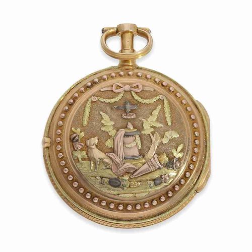 Null Taschenuhr: seltene deutsche 4-Farben-Louis-XV-Goldspießuhr mit Originalbox&hellip;