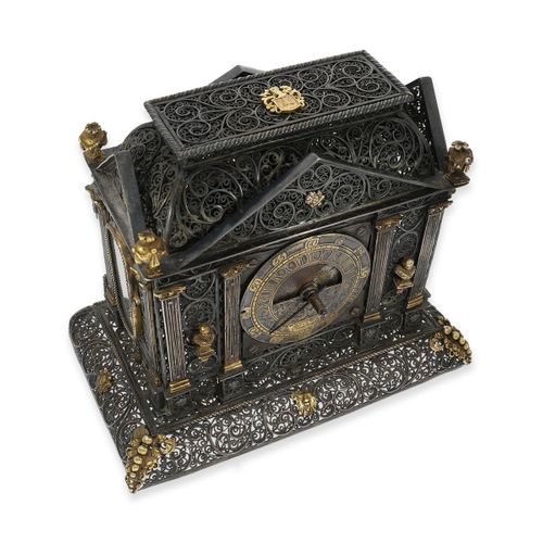 Null 台钟：博物馆式的巴洛克天文台钟，带敲击装置，马蒂亚斯-海德里希汉堡1676年出品

约。13.5 × 8.5 × 11.5厘米，特殊的表壳质量，银/金&hellip;
