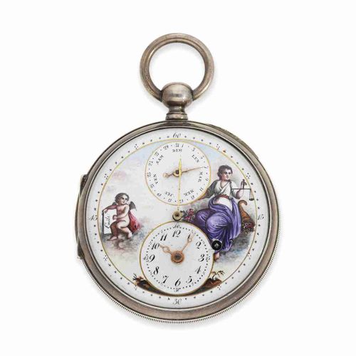 Null Pocket watch: large, very rare verge watch with calendar, centre seconds an&hellip;