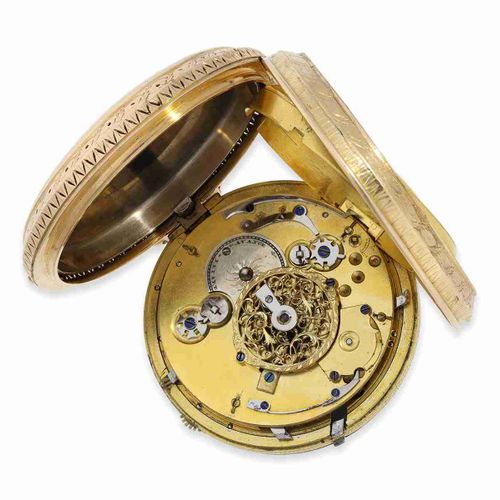 Null 怀表：非常精致的大型厚重圆筒表，带闹铃，机芯，纯金链条，署名伯爵，约1850年

约。直径58毫米，154克，18K金，华丽的表壳，精细的声音开口，引&hellip;