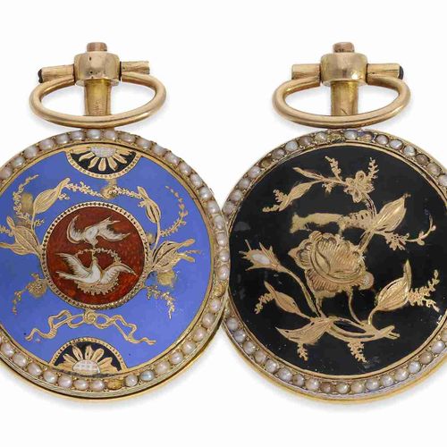 Null Taschenuhr: sehr seltene Miniatur-Damenuhr mit Jagdgehäuse aus Gold und Ema&hellip;