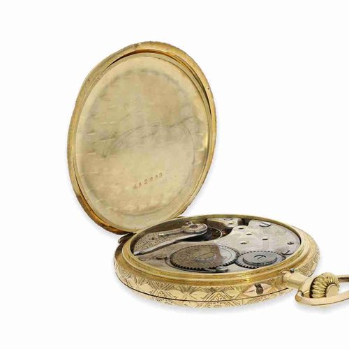 Null 怀表：极其罕见的18K金 "Roskopf专利 "作品，约1900年。

约。Ø50mm，约87克，18K金，华丽的雕刻狩猎表壳的手表，刻有Feder&hellip;