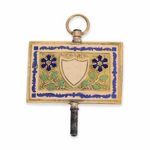 Null 钟表钥匙：稀有，两面都涂有珐琅的大型金边钟表钥匙，约1800年

约.47 × 35毫米，黄金，两面都有多色珐琅，中央是一个未雕刻的纹章。