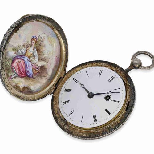 Null Pocket watch: unusually large enamel verge watch with 4 enamel paintings, p&hellip;