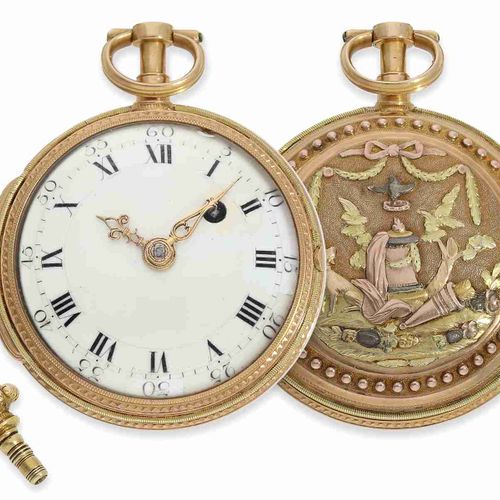 Null Pocket watch: rare German 4-colour Louis XV gold verge watch with original &hellip;