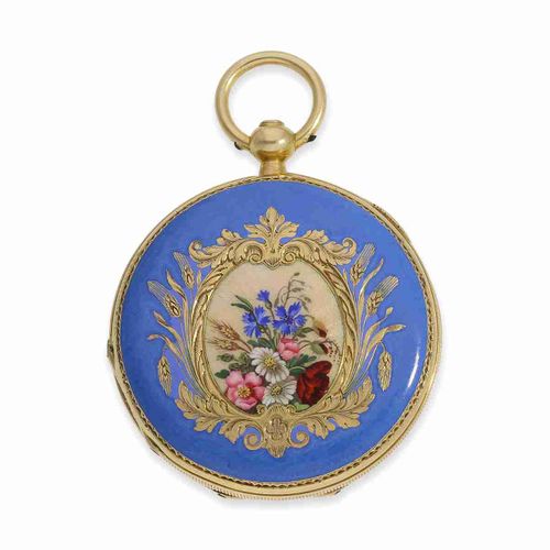Null 怀表：非常精美的小型金/珐琅猎装表，带有精美的珐琅画，表现了一个印度宫殿，Courvoisier Freres为印度市场制作，约1840年

约。直径&hellip;