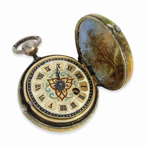 Null Orologio a ciondolo: orologio in miniatura in smalto con 4 dipinti, probabi&hellip;