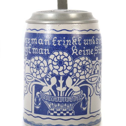 Null Bierkrug Westerwald, grauers Steinzeug, um 1900-1920, blaues Umdruckdekor m&hellip;