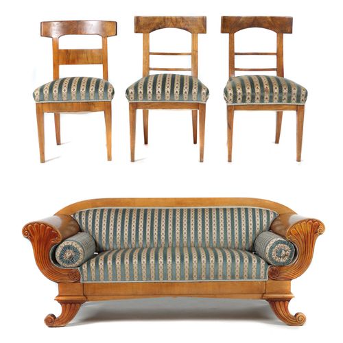 Null Biedermeier沙发和3把椅子 19世纪第二季度,樱桃木饰面的沙发，高x宽x深：84/195/72厘米，侧面向外弯曲的腿呈大涡旋状，前面未铺垫的&hellip;