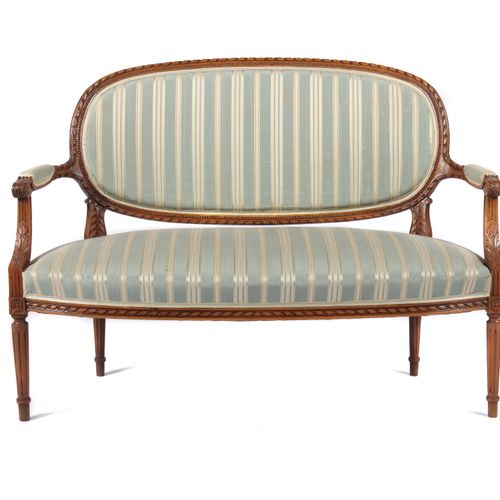 Null 19/20世纪末路易十六风格的座椅组，染色榉木，1x沙发高x宽x深：94/127/61厘米，带软垫扶手，3x椅子高：91厘米，带垂直槽的转腿，框架上有&hellip;