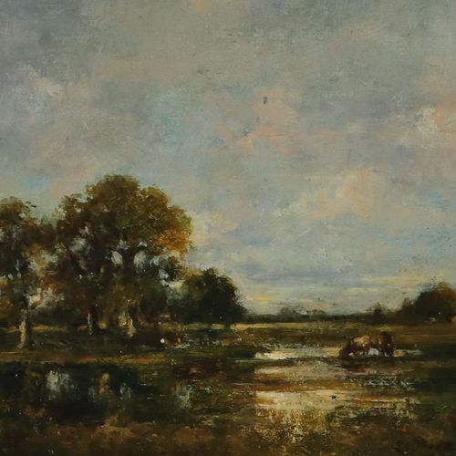 Null Dupré，Jules Nantes 1811 - 1889 L'Isle Adam，法国巴比松画派的画家。法国风景"，有奶牛在浇水的地方，右下角有签&hellip;