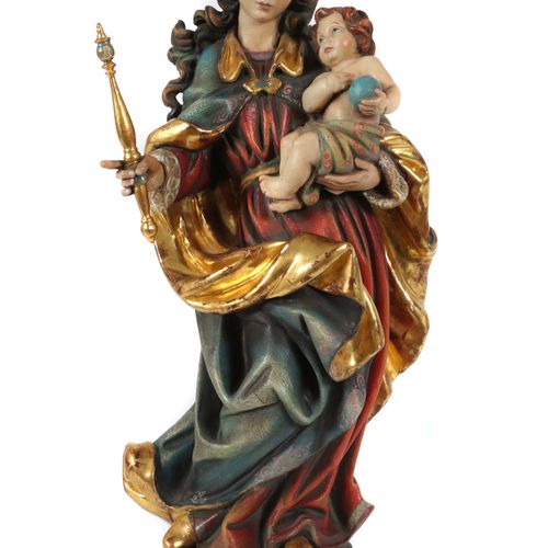 Null 20世纪德国南部的雕塑家，''Regina Coeli''，木雕，部分镀金的多色漆，四分之三的雕像，戴着皇冠的圣母，左手抱着男孩耶稣，右手拿着权杖，底&hellip;