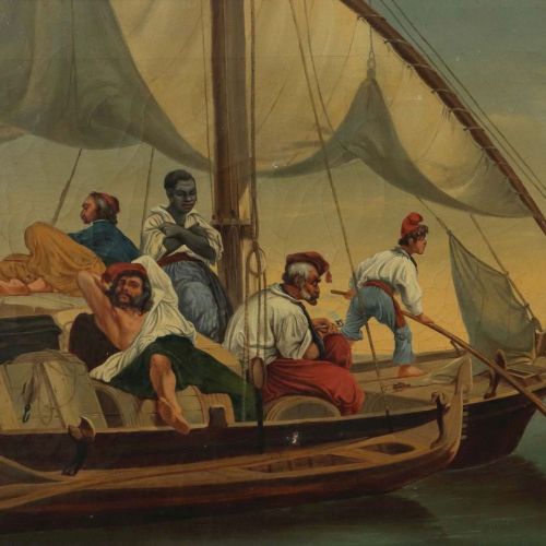 Null Peintre du 19e s. ''Les corsaires'', équipage du bateau par mer calme se re&hellip;