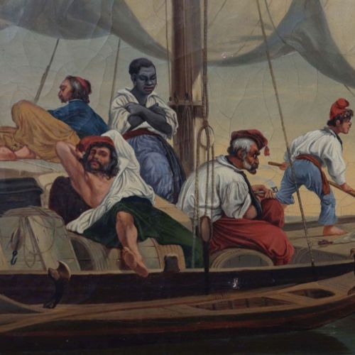Null Peintre du 19e s. ''Les corsaires'', équipage du bateau par mer calme se re&hellip;