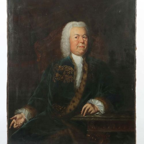 Null 18世纪的肖像画家 "约翰-塞巴斯蒂安-巴赫的半身像"，坐在暗色背景的木桌前，坐在洛可可式的扶手椅上，看着观众，没有署名，油/帆布装裱，高x宽：115&hellip;