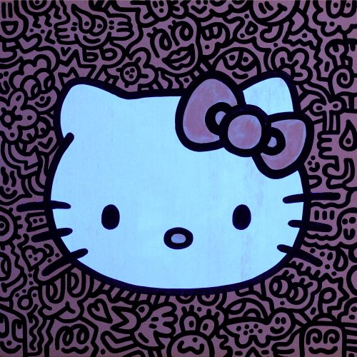 Mr Doodle "KITTY YELLOW #3 "acrylique sur toile 50.2×50.2 cm