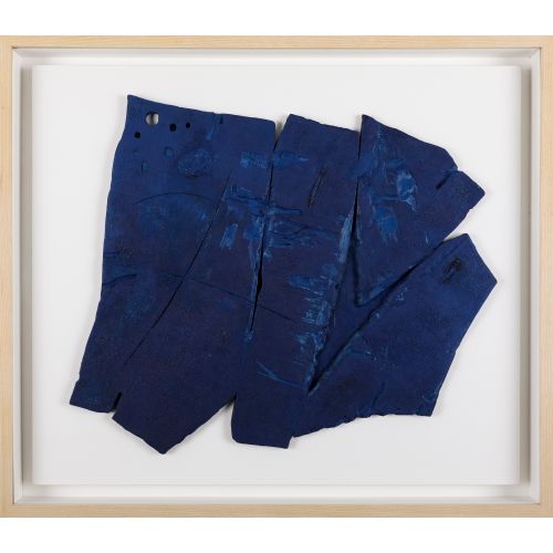 SAITO Yoshishige "蓝色-钻头的工作"，钻头木板上的油画，拼贴画 56.0×67.0厘米