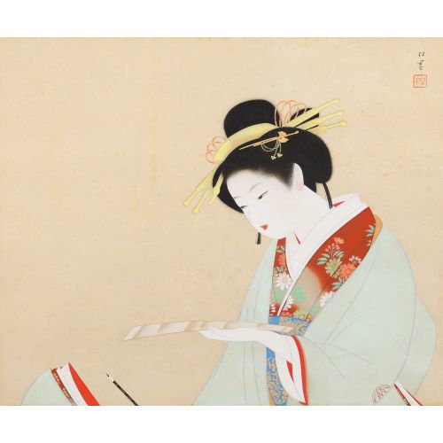 Uemura Shoen "READING HAIKU" , color on silk, stains found, 47.2×56.9 cm