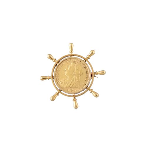 SPILLA en oro amarillo representando un timón con moneda de oro central, gr. 16,&hellip;