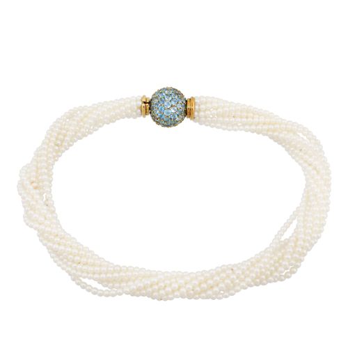*COLLANA 11串淡水珍珠项链，黄金球扣，镶嵌蓝色托帕石。长46厘米