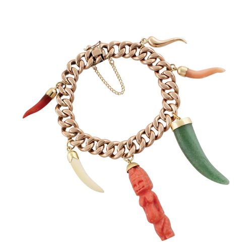 BRACCIALE rose gold chain with six suspended pendants in coral, green quartz, bo&hellip;