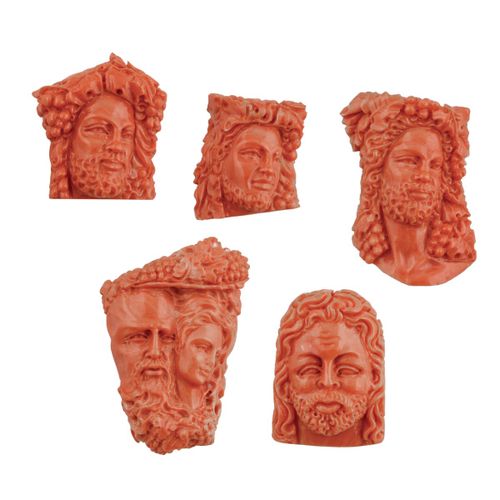 LOTTO of five carved and engraved coral plaques depicting classical faces, gr. 1&hellip;