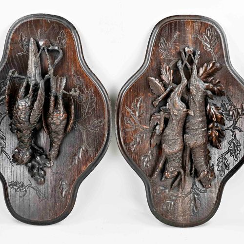 Null Two large antique carved oak wall plaques with game depictions. Decor with &hellip;