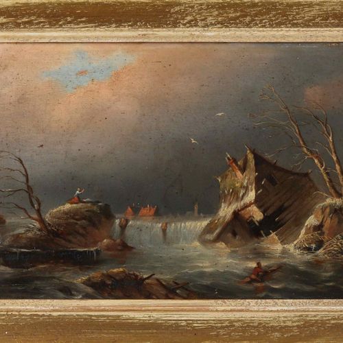 Null J. De Jong ? XIXème siècle. Inondation avec personnage. Peinture à l'huile &hellip;