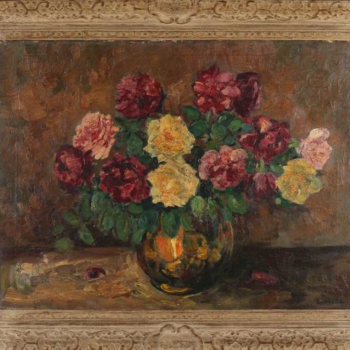 Null James Doeser. 1884 - 1970. Vaso con rose. Olio su lino. Dimensioni: H 60 x &hellip;