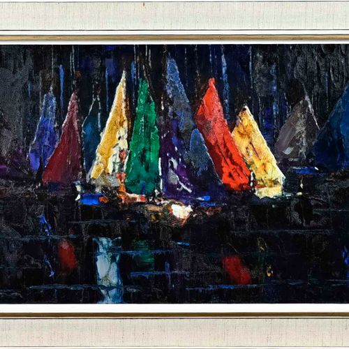 Null 彼得-布鲁尔1935 - 2010.表现主义帆船赛。亚麻布上的油画。尺寸。高40 x 宽100厘米。状况良好。