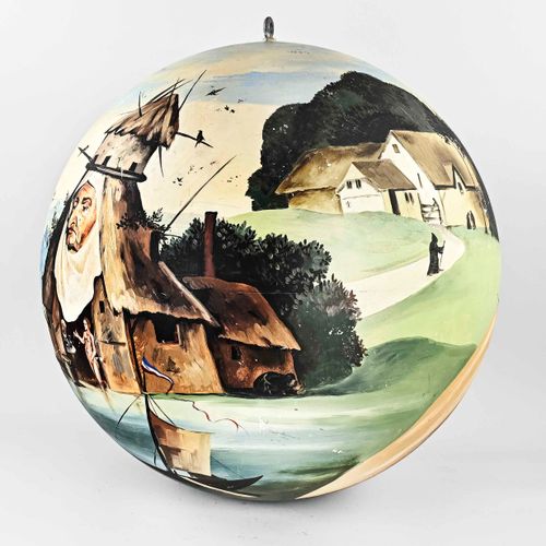 Null 希罗尼穆斯-博斯创作的16世纪风格的大型绘画舞台球体。20世纪下半叶。尺寸。直径60厘米。损坏情况。形状尚可。