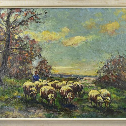 Null James Doeser. 1884 - 1970. Berger avec des moutons. Huile sur lin. Dimensio&hellip;