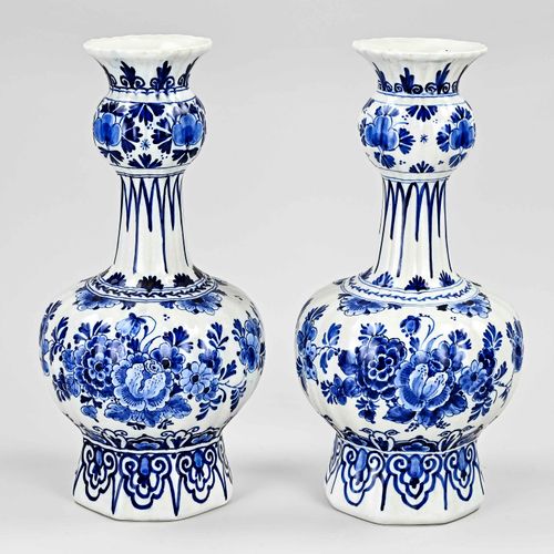 Null Two antique Delft Porceleyne Fles Fayence knob vases with floral decor. Cir&hellip;