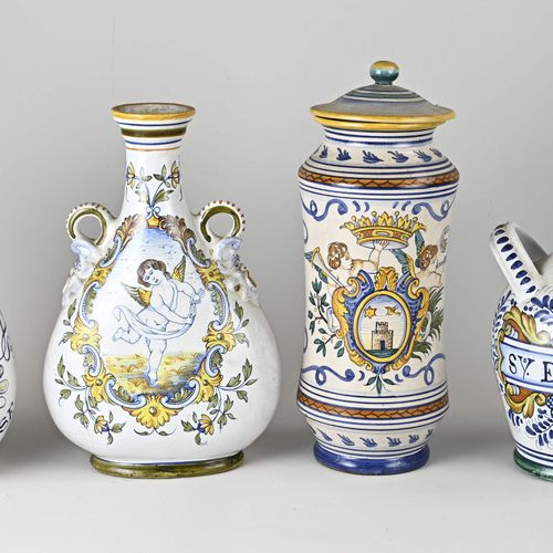 Null Four old Fayence polychrome apothecary jars. Italy. 20th century. Dimension&hellip;