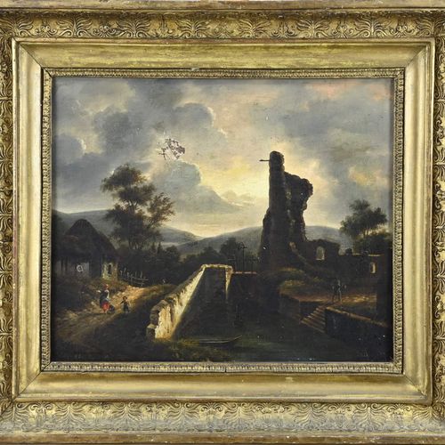 Null Unclear. 19th century. German School. Landscape with ruins at night with fi&hellip;