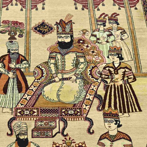 Null Alfombra persa antigua con decoración de figuras. Laver Kirman. Tonos beige&hellip;