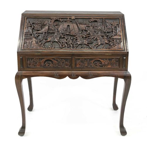 Null Indonesian teak carved writing desk with landscape/figures depiction. 20th &hellip;