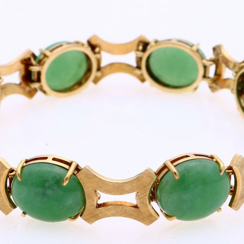 Null Bracelet en or jaune, 585/000, avec jade. Bracelet à maillons serrés mats e&hellip;