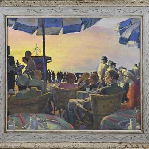 Null 保罗-多姆。1885 - 1978.夕阳下的海滩平台，人物和亭子 "t Vrije Volk"。亚麻布上的油画。尺寸。高72 x 宽82厘米。状态良好&hellip;