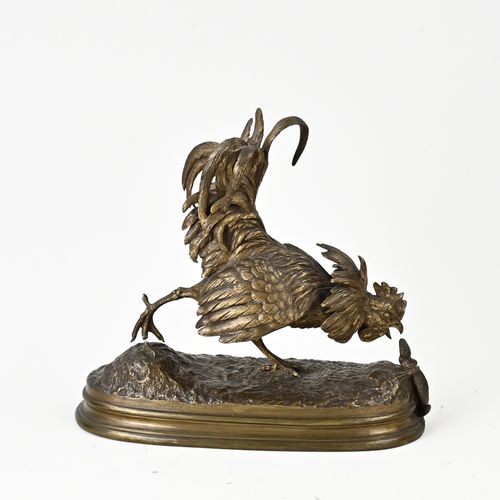 Null Figure française ancienne en bronze. Coq avec lézard. Par Ferdinand Pautrot&hellip;