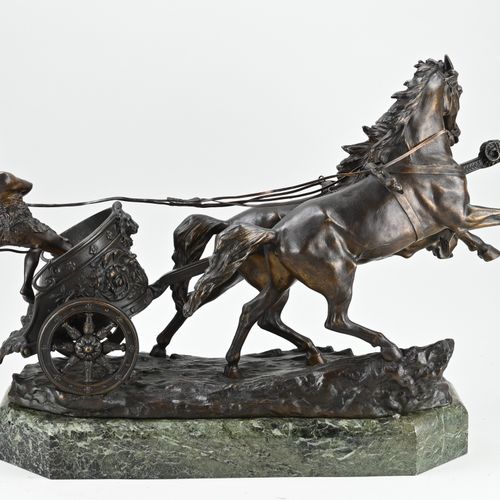 Null Very large signed bronze chariot on heavy marble base. Edmond Hoyois, 1882 &hellip;